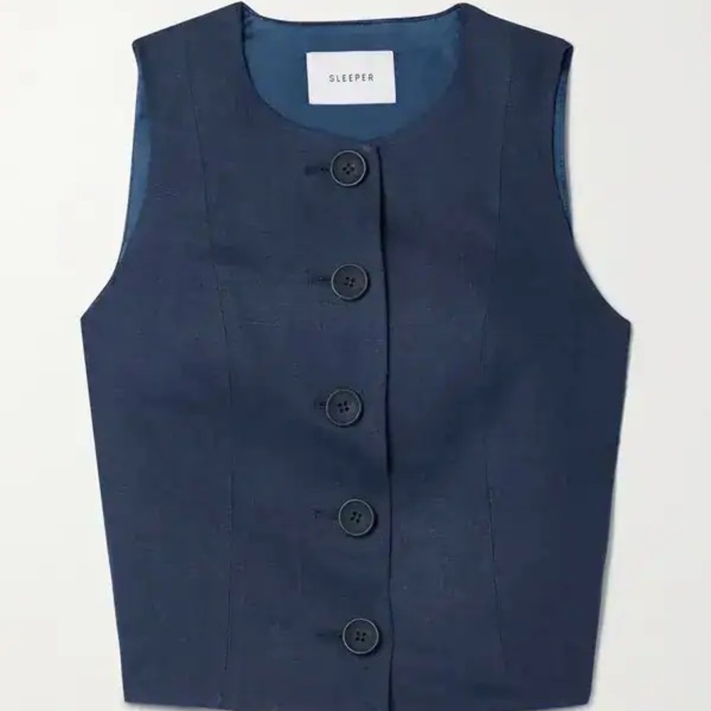 Sleeper Navy Lili Marleen Satin-Trimmed Linen Vest S Blouse